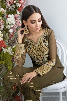 Olive Tan | Pakistani Designer Outfit | Sarosh Salman Luxury Pret, Olive Tan, Designer Outfit, Neck Designs For Suits, Cutwork Embroidery, Desi Clothes, Pakistan Fashion, Pure Chiffon, Chiffon Dupatta