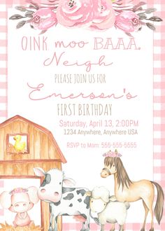 Barnyard Animals First Birthday Party Invitation for a Girl - Oink, Moo, Baa, Neigh - Printable Invitation Template with a Barn, Farm Animal, Pink Flowers, and Pink Lettering on a Pink Gingham Background - Edit, Customize, Personalize This listing is for an editable digital template in two sizes (5x7 & 4x6), front and back that YOU edit/personalize yourself. No printed materials are included in this listing. ◆⋙ Try it out! Our design application is easy to use. You don't need any special sof Farm Animal 1st Birthday Party Girl, Farm Theme 1st Birthday Girl, Animals First Birthday Party, Pink Farm Birthday Party, Girl Farm Birthday Party, Farm Animal Birthday Party, Girls Farm Birthday, Animals Birthday Invitation, Farm Animals Birthday