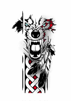 a wolf with an arrow and feathers on it's head is shown in this tattoo design