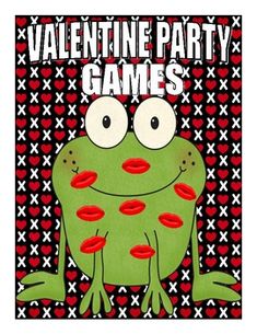 valentine party games for kids with a frog on the front and red hearts on the back