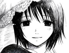 a drawing of a girl with long hair and a flower in her hair, looking at the camera