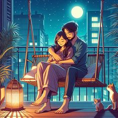 a man and woman sitting on a swing in front of a city at night with a cat