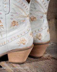 Dingo 1969 Women's #Primrose White Floral Embroidery Western Booties — Boyers BootnShoe White Embroidered Boots For Fall, Spring Embroidered Almond Toe Boots, Floral Cowboy Boots, Boots With Flowers, Shorts Boots, White Floral Embroidery, Western Booties, Reception Party, Gold Embroidery