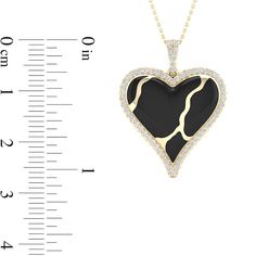 What's broken becomes stronger, as represented by this heart-shaped Kintsugi-inspired pendant. 10K gold Pendant features a heart-shaped black ceramic Kintsugi-inspired inset. This design takes inspiration from the ancient Japanese craft of Kintsugi that mends broken pieces of pottery back together using gold. The pendant is outlined with 1/4 ct. t.w. of sparkling diamonds. 18.0-inch cable chain; lobster claw clasp. Black Enamel Necklace For Anniversary, Black Heart Charm Jewelry With Heart Cut, Black Heart-shaped Necklace For Anniversary, Black Enamel Heart Pendant Jewelry, Black Heart-shaped Anniversary Necklace, Black Open Heart Jewelry For Valentine's Day, Black Heart Necklace For Valentine's Day Anniversary, Valentine's Day Black Open Heart Jewelry, Valentine's Day Heart-shaped Black Enamel Jewelry