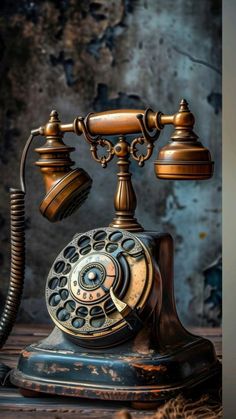 an old fashioned phone sitting on top of a wooden table in front of a grungy wall