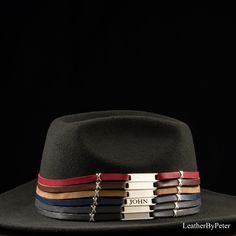 Personalized Leather Hat Band for a Unique Touch Enhance your cowboy or fedora hat with our exquisite Personalized Leather Hat Bands for men. Crafted with care and attention to detail, this hat band is the perfect accessory to add a touch of personalization and style to your favorite headwear. Cool western hat band. Key Features: Premium Leather Strand: Our leather hat band features a high-quality leather strand that not only complements your hat but also adds a touch of sophistication to your l Custom Adjustable Fedora For Formal Occasions, Adjustable Fedora For Formal Occasions, Modern Felt Hat With Adjustable Flat Crown, Modern Adjustable Felt Hat With Flat Crown, Adjustable Leather Hat Bands For Formal Occasions, Formal Adjustable Leather Hat Bands, Adjustable Wide Brim Fedora As Gift, Adjustable Modern Hat Bands, Adjustable Modern Brimmed Hat Bands