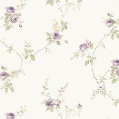 a wallpaper with purple flowers and green leaves