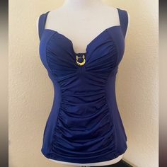 Dark Blue With Gold Metal Detail Tankini Top From Panache. Bra Sizing With Underwire Molded Cups And Hidden Bra Closure For Maximum Support Of Women With Larger Chests! Ruched Front For Belly Minimizing And Modesty. Adjustable Straps. Nwot Size: Us 34 Ddd / F Uk 34 E Tags Summer Spring Beach Island Getaway Elegant Classy Classic Deep Blue Modest Swimwear One Piece Full Coverage Elegant Ruched Tops For Beach, Elegant Ruched Blue Tops, Elegant Blue Ruched Tops, Panache Bra, Bra Sizing, Panache Bras, Dr Wardrobe, Blue Tankini, One Piece Full