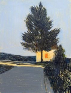 an oil painting of a tree on the side of a road next to a building