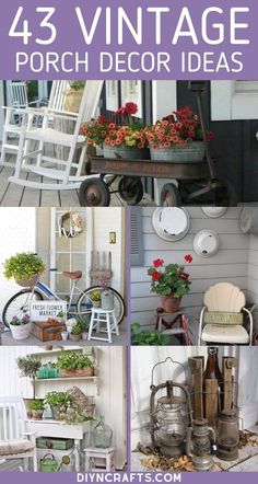 four different pictures of porch decor with flowers