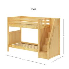 a wooden bunk bed with stairs next to it and measurements for the bottom level below