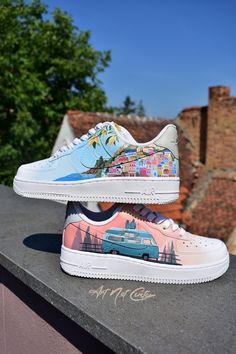 PRICE INCLUDES THE SHOES (BRAND NEW AF1 LOW) + THE ARTIST WORK + SHIPPING This ✈️Travel🎡 custom is made to order, hand-painted shoes with professional paint Angelus Brand and with additives for this custom to last a long time. Also they are unique and no two pairs of shoes will have the exact same design. 🎁 At each order, you will receives as a gift some personalized stickers, depending on the theme of the custom, which you can apply on any clean surface. The stickers are made of quality mater Artistic White Custom Sneakers For Streetwear, Artistic Low-top Sneakers With Custom Artwork, Casual Customized Sneakers For Streetwear, Customized Casual Sneakers For Streetwear, Hand Painted Custom Low-top Sneakers With White Sole, Artistic Low-top Custom Sneakers For Streetwear, Custom White Sneakers For Skateboarding, Custom Low-top Sneakers For Skateboarding, Custom Artwork Sneakers For Streetwear With White Sole