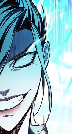 an anime character with blue hair and glasses smiling at the camera while looking to his left