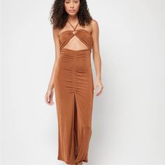 Nwt L*Space Stina Dress In Coffee Size Xs Brown Halter Neck Maxi Sundress, Brown Halter Neck Sundress Maxi Dress, Brown Sleeveless Ruched Maxi Dress, Ruched Sundress Maxi Dress For Date Night, Fitted Halter Neck Maxi Dress For Day Out, Fitted Halter Neck Midi Dress For Brunch, Spring Brown Halter Neck Maxi Dress, Brown Ruched Midi Dress, Casual Maxi Halter Dress For Date Night