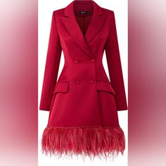 This 21six Red Rosa Taffeta Feather Blazer Dress Is Made With Luxurious Taffeta For A Classic Look. Description It Features Long Sleeves With A Feathered Hem. Add Your Favorite Brooch For A Complete Look. Long Sleeves Peak Lapel Tailored Fit Padded Shoulder Double-Breasted Flap Pockets Attached Feathers At The Hem Brooch Not Include Material: Shell 100% Taffeta Lining 100% Polyester Size / Measurements Size: Us Xl | Eu 44 | Uk 14 Length: 31.5" *Please View All Of The Pictures As They Are Part Of Elegant Holiday Dresses With Feather Trim, Elegant Red Mini Dress For Winter, Red Mini Dress For Formal Winter Occasions, Red Mini Dress For Formal Winter Events, Red Mini Dress For Winter Formal, Red Semi-formal Dress For Spring, Elegant Semi-formal Red Dress, Red Semi-formal Spring Dress, Elegant Holiday Mini Dress With Feather Trim