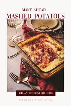 an advertisement for mashed potatoes on a table with utensils and wine glasses