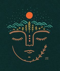 a woman's face with trees on her head and the sun in the background