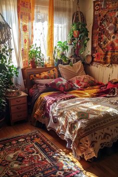 a bed room with a neatly made bed and lots of plants on the windowsill