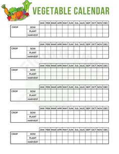 a printable vegetable calendar with vegetables on the top and below it is an image of a