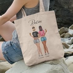 "Personalized Best Friends Tote Bag is the perfect gifts for your Besties birthdays or great for that girls trip to the beach. Made of a high quality natural colored polyester linen with matching canvas handles. Simple, rustic, and sophisticated linen fabric. Perfect for carrying beach items, craft supplies, pet supplies, school supplies or for shopping. Great for kids too. The personalized design is made to resemble your Best friends and yourself. Choose skin tone, stance, shorts, shirts, acces Back To School Satchel Bags As Gifts, Back To School Satchel Bag As A Gift, Casual Canvas Satchel Bag Gift, Casual Satchel Canvas Bag As Gift, Back To School Gift Tote Bag, Casual Canvas Softback Bag As A Gift, Casual Canvas Softback Bag For Gift, Casual Softback Canvas Bag As Gift, Casual Softback Canvas Bag For Gift