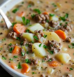 a close up of a bowl of soup with meat and vegetables