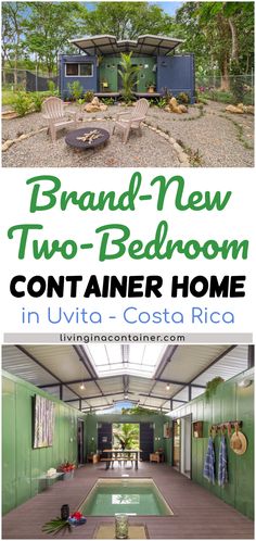 two pictures with the words brand new two - bedroom container home in living room costa rica