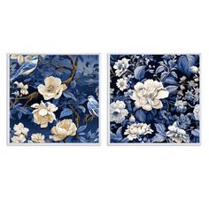 two blue and white wall art pieces with flowers on the left side, one has an image of a bird sitting on top of it