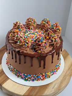 a chocolate cake with sprinkles and frosting on a wooden platter