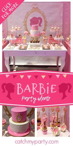 a pink and gold baby shower party with cupcakes, cakes and desserts