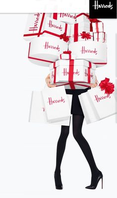 a woman is carrying many wrapped presents on her back with the words harvey's