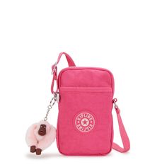 a small pink bag with a pom - pom hanging from it's side