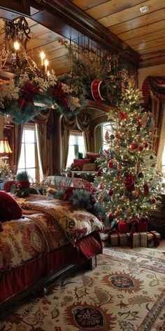 a christmas tree in the middle of a bedroom decorated with red and green ornaments,