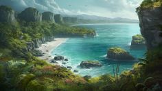 an artist's rendering of a tropical island with blue water and green trees on the shore