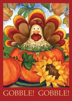 a thanksgiving card with an image of a turkey and pumpkins in the background, which reads gobble gobble