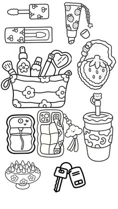 a black and white drawing of various items