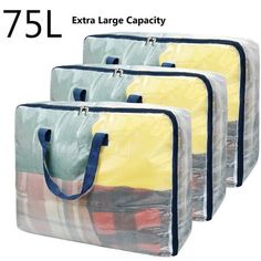 three bags with handles are lined up next to each other and one bag has an extra large capacity