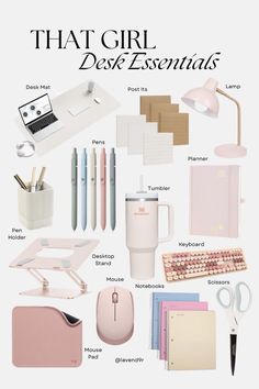 a poster with the words that girl desk essentials