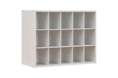 a white bookcase with eight compartments on each side