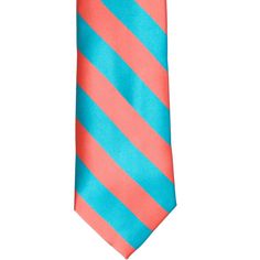 Heading to a destination wedding at the beach? Don't forget to pack this tie! You'll blend right in to the sun, sand and surf in this bright coral and turquoise striped tie. The repp stripes are a traditional 0.75-inches wide for classic look that won't go out of style, though the fun color scheme keeps this tie interesting. Try it with linen trousers and a white button down for a casual but put together look. Let's talk details. This is a regular length and width necktie, so it's a standard adu Striped Summer Tie, Striped Summer Ties, Wedding At The Beach, Striped Vest, Vest Men, Striped Vests, Fun Color, White Button Down, Matching Accessories