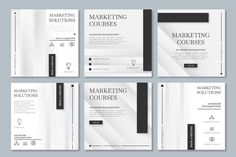 four different business brochures with black and white lines on the front, back and side