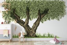 an olive tree mural in a child's room