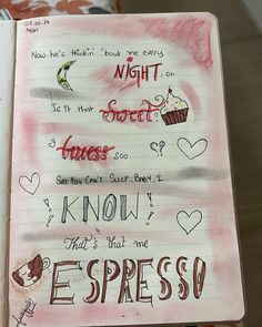 an open notebook with writing on it and cupcakes in the pages next to each other