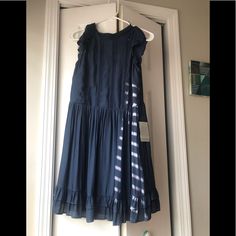 New Never Worn Chelsea28 Dress Navy Mini Side Zip With Neck Tie In Back Navy Midi Dress With Ruffles, Navy Midi-length Dress With Ruffles, Navy Ruffled Midi Dress, Navy Midi Dress With Ruffles For Summer, Navy Pleated Summer Dress, Navy Ruffled Midi Dress For Summer, Navy Knee-length Dress For Day Out, Navy Flowy Dress For Spring, Flowy Navy Dress For Spring