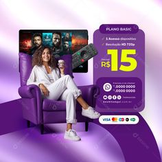 a woman sitting on a purple chair with a remote control in her hand and the poster behind her