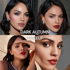 Makeup For Dark Autumn Skin Tones, Color Palette Dark Autumn, Autumn Color Analysis Makeup, High Contrast Vs Low Contrast Face, Makeup For Autumn Skin Tones, Dark Autumn Color Analysis, Dark Autumn Color Palette Makeup, Deep Autumn Color Palette Makeup, Dark Autumn Makeup Looks