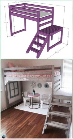 bunk beds with stairs and desks are shown in two different views, one is purple