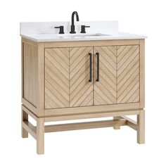 a bathroom vanity with a white sink and wooden cabinet underneath the faucet, on an isolated white background