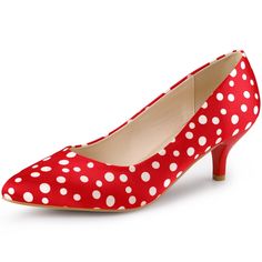 Everyone needs a classic kitten heel party shoe in their shoe collection. These pointy shoes are very feminine and have polka dot design elements, perfect for parties and dancing. Pair it with a cute dress and beautiful hair for a head-to-toe look. Pointed Toe; Kitten Heels; Polka Dots; Slip-on; Vamp: Satin; Outsole: Rubber; Heel: ABS; Heel Height: 2 inches. Size: 6.5. Color: red. Gender: female. Age Group: adult. Red Round Toe Kitten Heels For Party, Red Kitten Heels With Heel Strap And Round Toe, Elegant Red Closed Toe Kitten Heels, Red Pointed Toe Court Shoes With 4-inch Heel, Polka Dot Heels, Red Kitten Heels With 4-inch Heel, Polka Dot Shoes, Pointy Shoes, Red Pumps