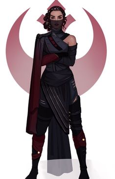 a woman dressed in black and red standing with her hands on her hips while wearing a star wars costume