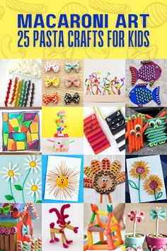 the cover of macaroni art 25 pasta crafts for kids with pictures of flowers and animals